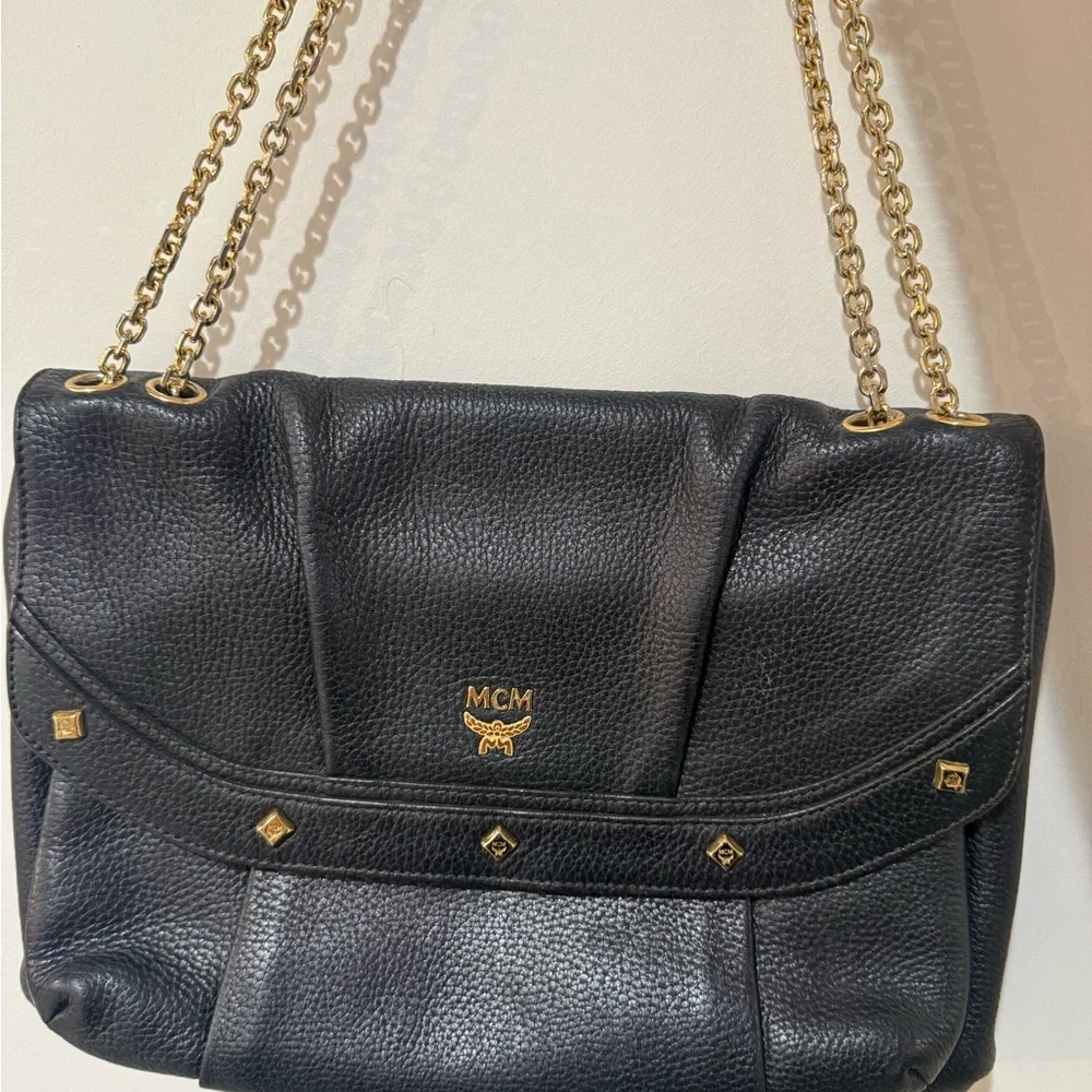 MCM Black Pebbled Leather Studded Flap Shoulder Bag w/ Chain Strap Vintage rare